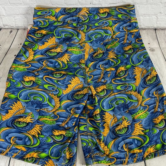 NWT VINTAGE 90'S RUSTY MEN'S AOP DRAGONS HYBRID BOARD SHORTS SIZE 33 - Picture 11 of 16